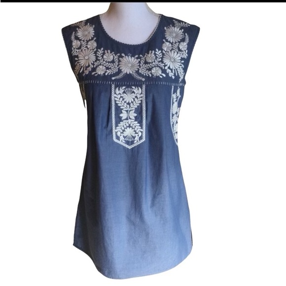Tory Burch Chambray Floral Embroidery Mini Tunic Shift Dress - Picture 2 of 9